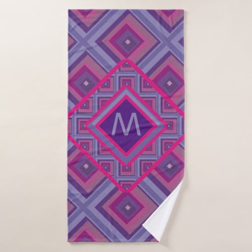 Monogram Initial Geo Purple Pink Diamond Pattern Bath Towel Set