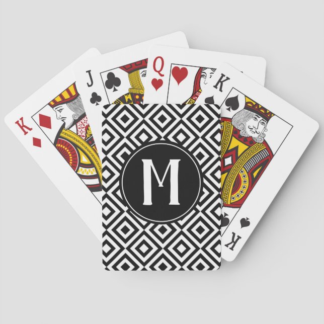 Monogram Initial Geometric Black & White Pattern Poker Cards (Back)