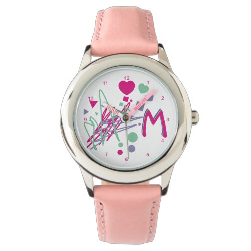 Monogram Initial Girls Hearts Dots Squares Colors Watch