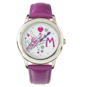 Monogram Initial Girl's Hearts Dots Squares Colors Watch
