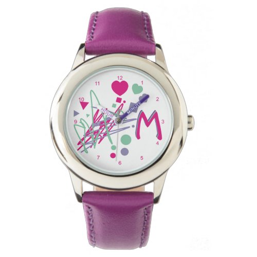 Monogram Initial Girls Hearts Dots Squares Colors Watch