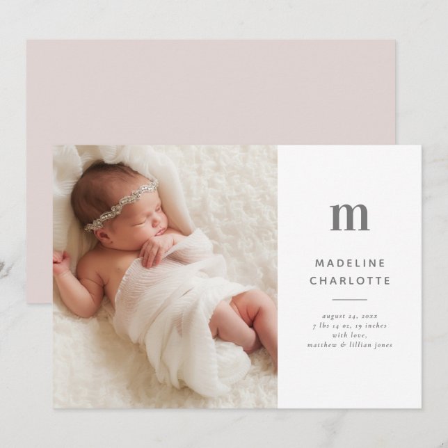 Monogram Initial Girls Photo Birth Announcement (Front/Back)