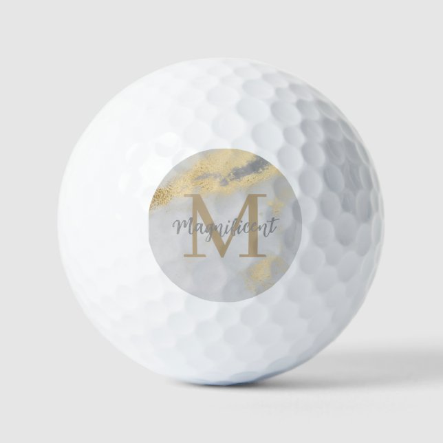 Monogram Initial Gold and Gray Marble Golf Balls (Front)
