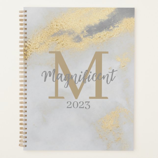 Monogram Initial Gold and Gray Marble Planner (Front)