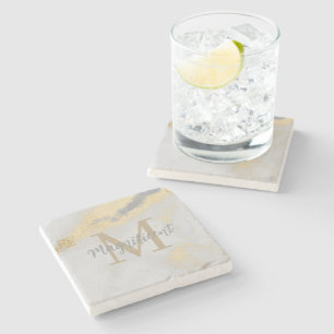 Monogram Initial Gold and Gray Marble Stone Coaster