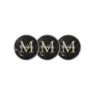 Monogram Initial Gold Black Marble Golf Ball Marker
