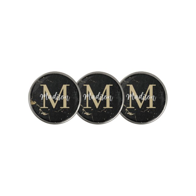 Monogram Initial Gold Black Marble Golf Ball Marker (3 Up)