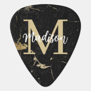 Monogram Initial Gold Black Marble Guitar Pick