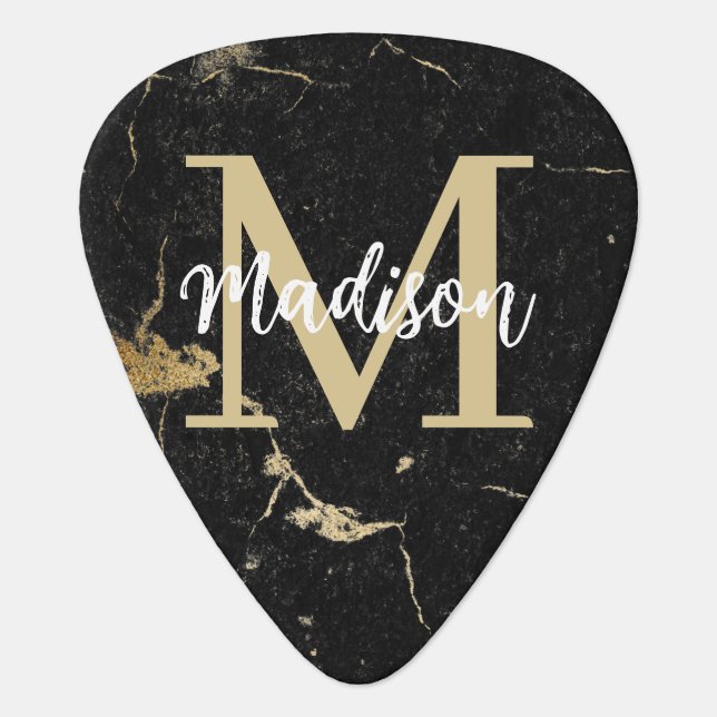Monogram Initial Gold Black Marble Guitar Pick (Front)