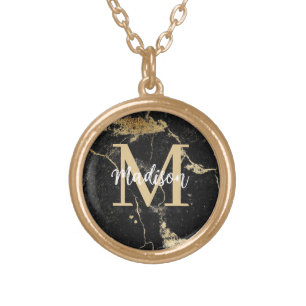 Monogram Initial Gold Black Marble Plated Necklace