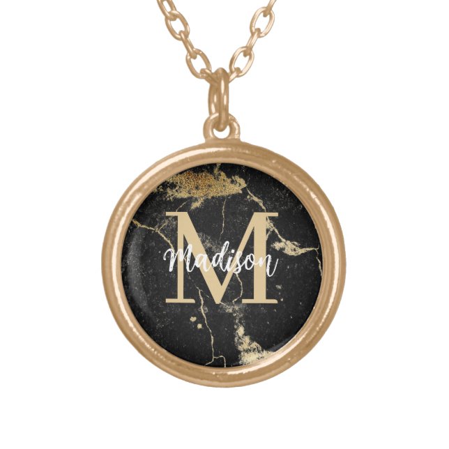 Monogram Initial Gold Black Marble Plated Necklace (Front)
