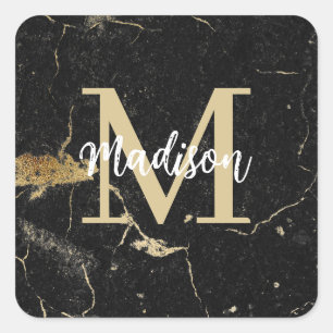 Monogram Initial Gold Black Marble Square Sticker