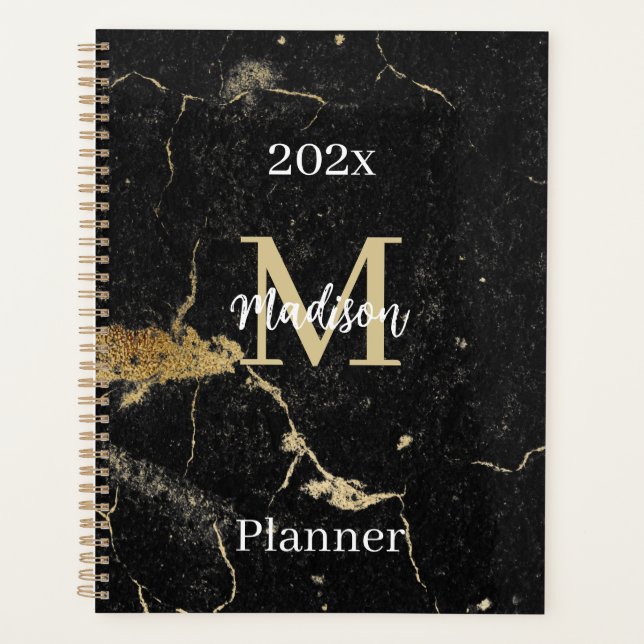 Monogram Initial Gold Black Marble Undated 2024 Planner (Front)