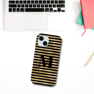 Monogram Initial Gold Black Striped iPhone 15 Case