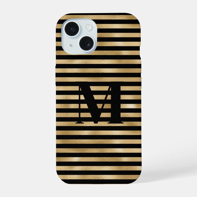 Monogram Initial Gold Black Striped Iphone Case (Back)