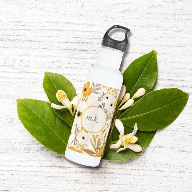 Monogram Initial Gold Brown White Floral Botanical Stainless Steel Water Bottle (Monogram Initials Gold Brown Yellow White Floral Botanical Watercolor Waterbottle)