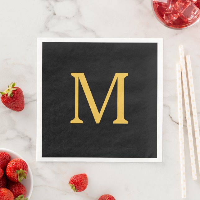 Monogram Initial Gold Golden Black Custom Name  Paper Dinner Napkins (Insitu)