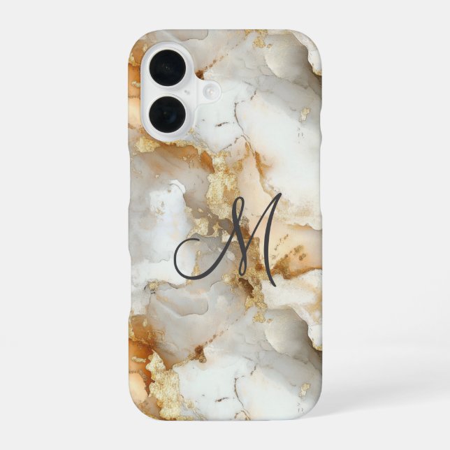Monogram Initial Gold Gray White Marble Watercolor Iphone Case (Back)