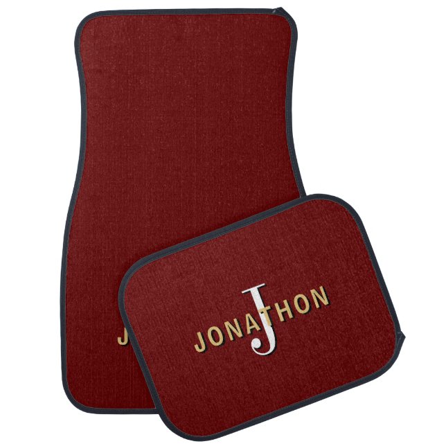 Monogram Initial Gold Name Masculine Burgundy Car Floor Mat (Set)