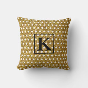 Monogram Initial Golden White Polka Dots Glittery Throw Pillow