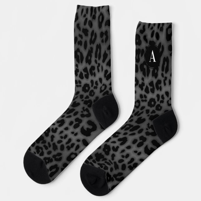 Monogram Initial Gray Leopard Pattern Animal Print Socks (Left)