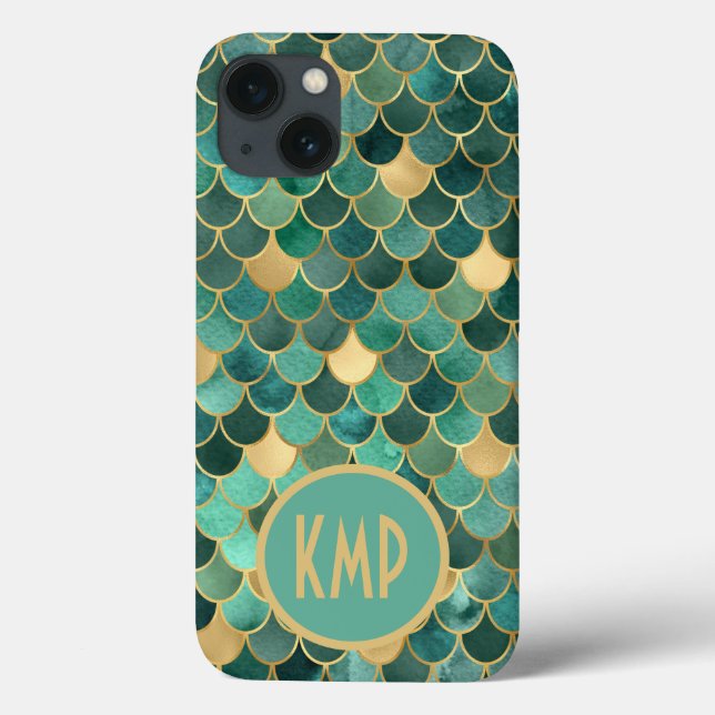 Monogram Initial Green Emerald Gold Mermaid Scales Case-Mate iPhone Case (Back)