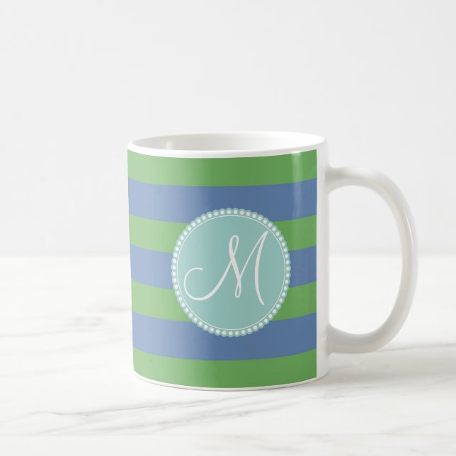 Monogram Initial Green Periwinkle Striped Pattern Coffee Mug (Right)