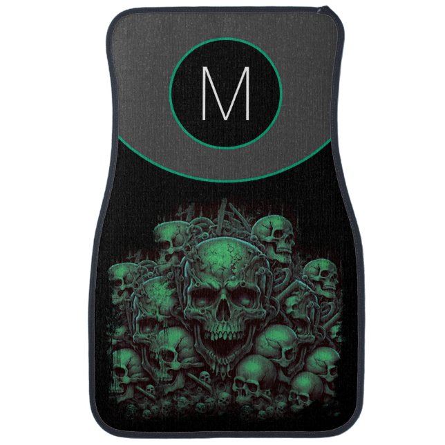 Monogram Initial Green Skulls on Black Gothic Car Floor Mat (Front)