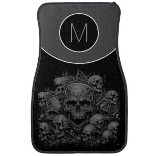 Monogram Initial Grey Skulls on Black Gothic Car Floor Mat