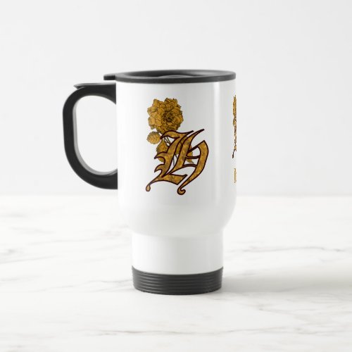 Monogram Initial H Elegant Gold Peony Personalized Travel Mug