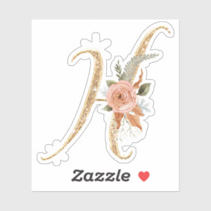 Monogram Initial H Gold Glitter Peony Rose Floral Sticker