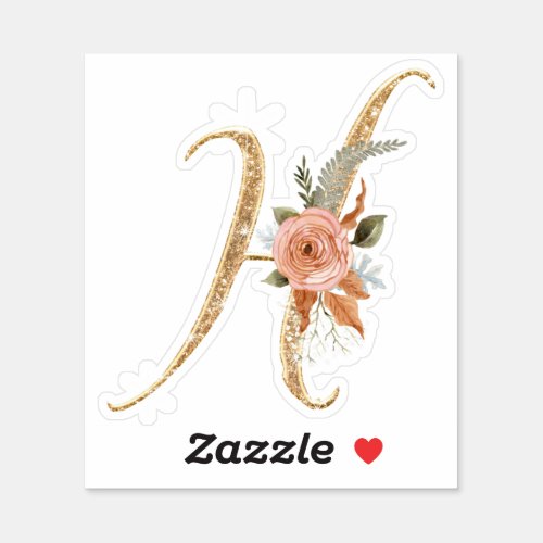 Monogram Initial H Gold Glitter Peony Rose Floral Sticker