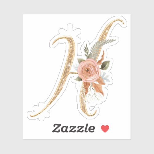 Monogram Initial H Gold Glitter Peony Rose Floral Sticker