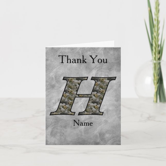 Monogram Initial H Hydrangea Flowers Personalized Letterpress Thank You Card (Front)