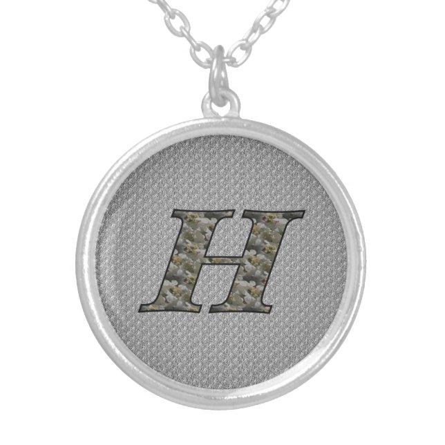 Monogram Initial H Hydrangea Flowers Silver Plated Necklace (Front)
