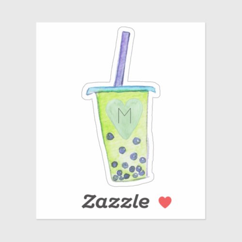 Monogram Initial Heart Green Bubble Tea Sticker