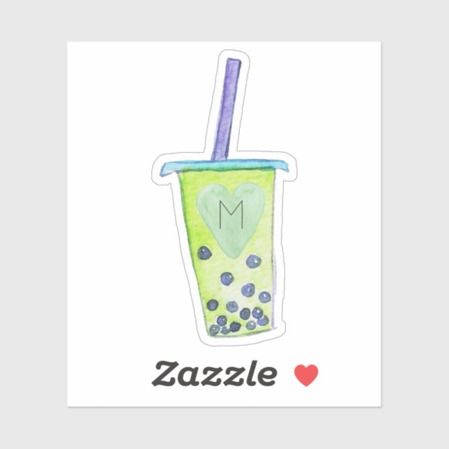 Monogram Initial Heart Green Bubble Tea Sticker (Sheet)