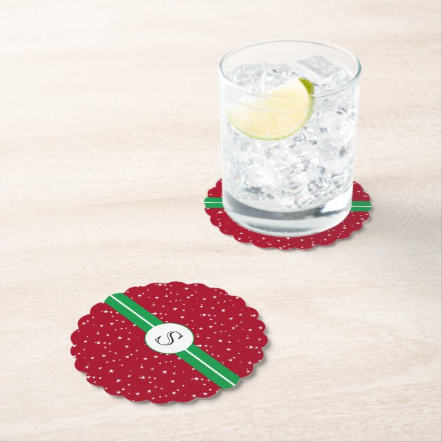 Monogram Initial, Holiday Red Green, White Stars Paper Coaster (Insitu)