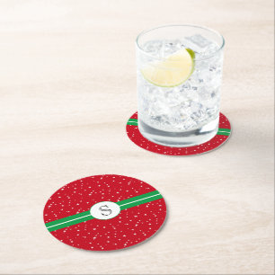 Monogram Initial, Holiday Red Green, White Stars Round Paper Coaster