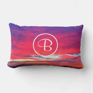Monogram Initial Hot Pink Blue Sunset Photo Bold Lumbar Pillow