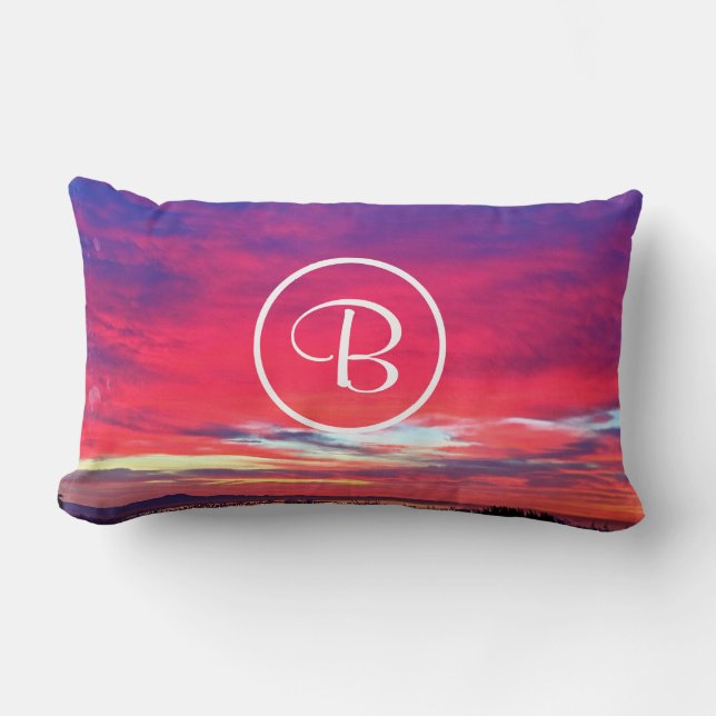 Monogram Initial Hot Pink Blue Sunset Photo Bold Lumbar Pillow (Front)