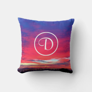 Monogram Initial Hot Pink Blue Sunset Photo Modern Throw Pillow