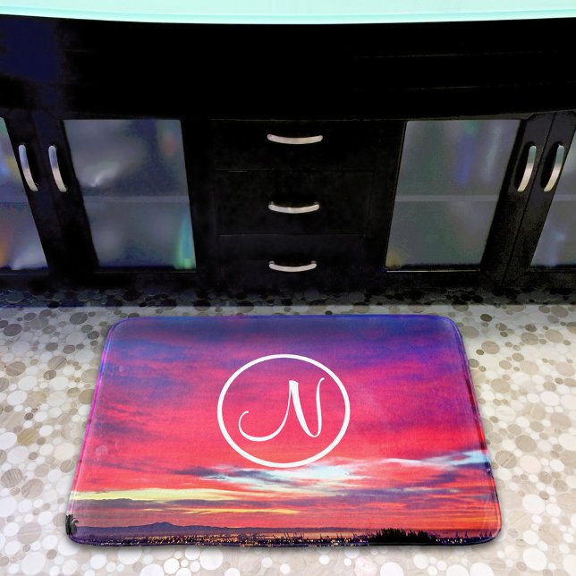 Monogram Initial Hot Pink Blue Sunset Photography Bathroom Mat (Creator Uploaded)