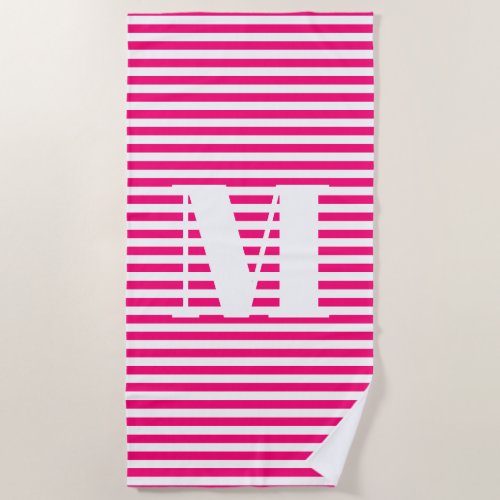 Monogram initial hot pink fuchsia white stripes beach towel