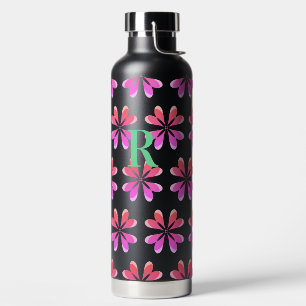 Monogram Initial Hot Pink Orange Teal Retro Floral Water Bottle