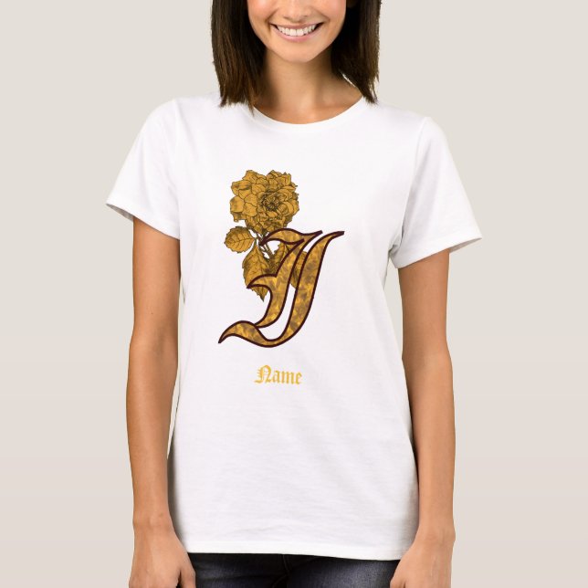 Monogram Initial I Gold Peony Flower Personalized T-Shirt (Front)