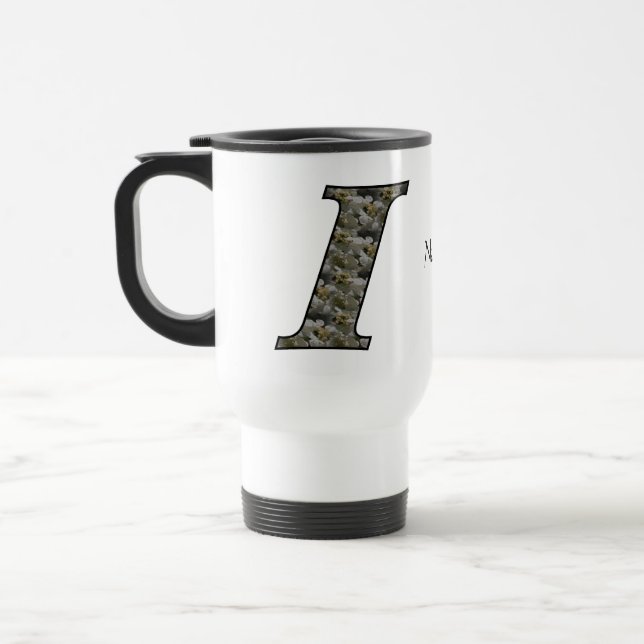 Monogram Initial I Hydrangea Flowers Personalized Travel Mug (Left)