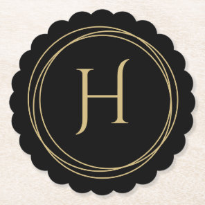Monogram Initial in Circles Scalloped Round Paper Coaster