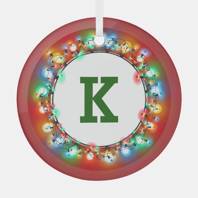 Monogram Initial in Holiday Lights  Glass Ornament (Front)