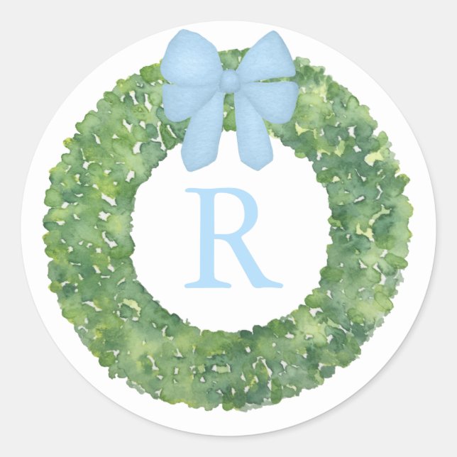 Monogram Initial Inside Boxwood Wreath With Bow Classic Round Sticker (Front)